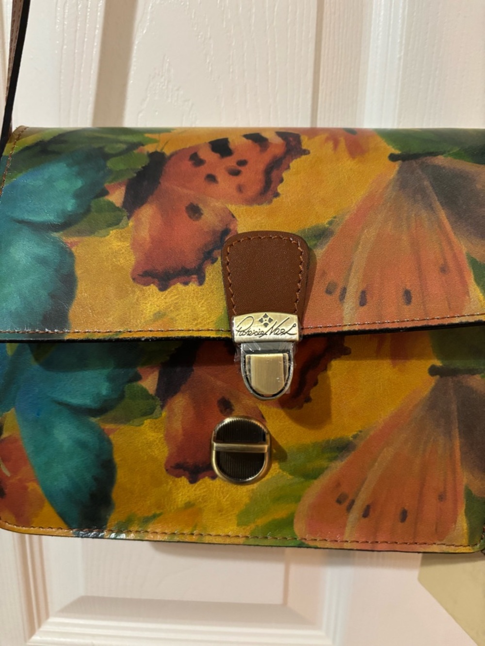 NWT Patricia Nash Multicolor Butterfly Print Crossbody with Brown Leather Trim